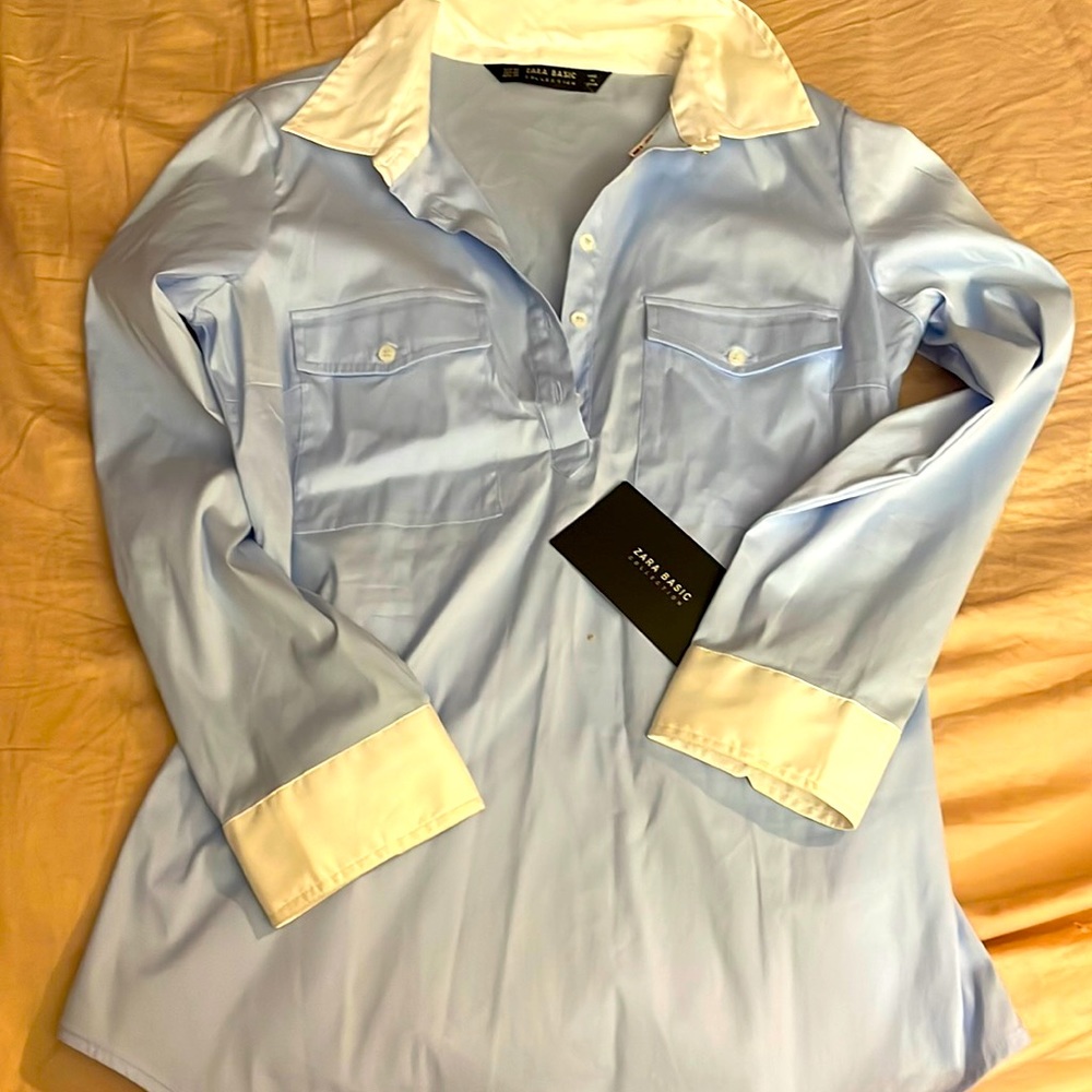 Zara size xs light blue button up stretch shirt with white collar and cuffs